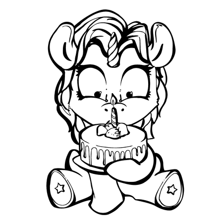 Little unicorn celebrates birthday with a delicious cakeのイラスト素材