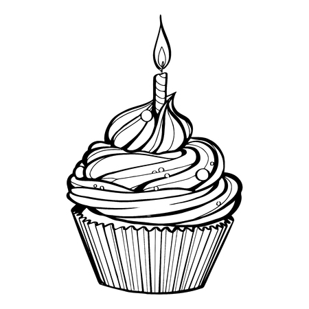 Birthday cupcake with burning candleのイラスト素材