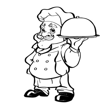 Smiling Chef cartoon character holding silver platterの写真素材