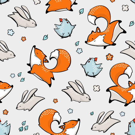 Fox, rabbit, chicken seamless pattern funny Vector illustrationのイラスト素材