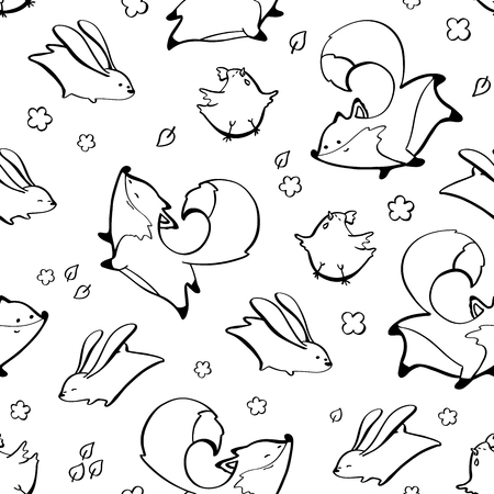 Fox, rabbit, chicken seamless pattern funny Vector illustrationのイラスト素材