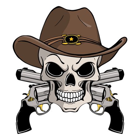 Cowboy skull in a western hat and a pair of crossed gunsのイラスト素材