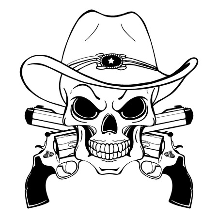 Cowboy skull in a western hat and a pair of crossed gunsのイラスト素材