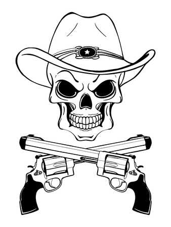 Cowboy skull in a western hat and a pair of crossed gunsのイラスト素材