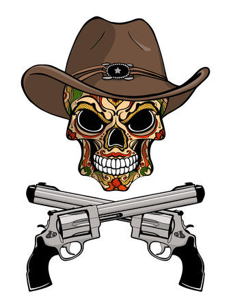 Cowboy skull in a western hat and a pair of crossed gunsのイラスト素材