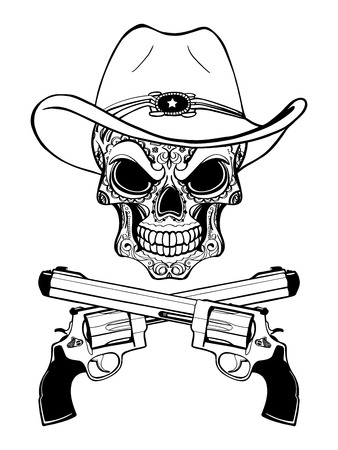 Cowboy skull in a western hat and a pair of crossed gunsのイラスト素材