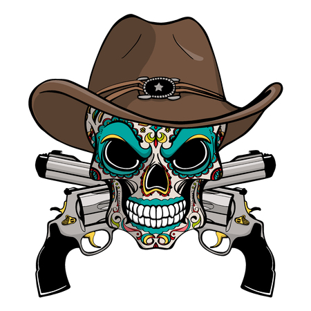 Cowboy skull in a western hat and a pair of crossed gunsのイラスト素材