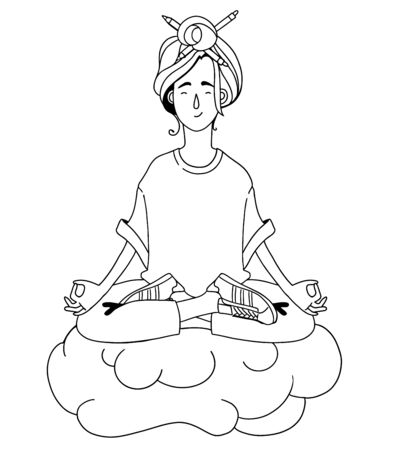 The girl is meditating in the sky, black and whiteのイラスト素材