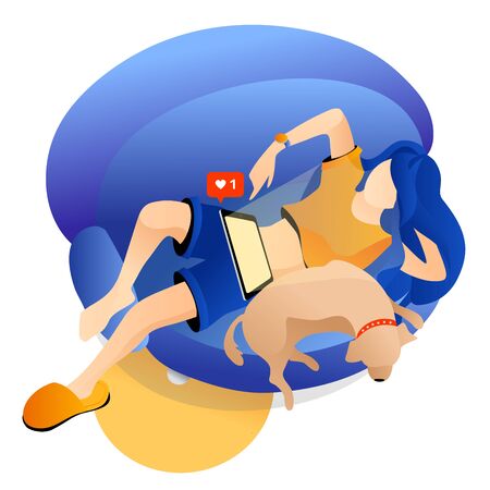 Beautiful long hair girl. Happy. vector. Like. Dog. Sofaのイラスト素材