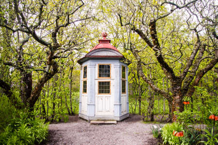 Traditional colorful wooden summer cabin in magic green woodsの写真素材