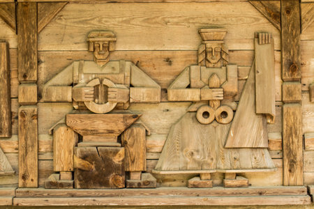 Traditional old wooden carvings in open air museum, Riga, Latviaの写真素材