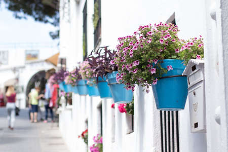 Blue flowerpots in a row on a white wall in an andalusian old town Mijasの写真素材