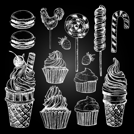 Hand drawn sweets. Freehand drawing with imitation of chalk sketch.のイラスト素材