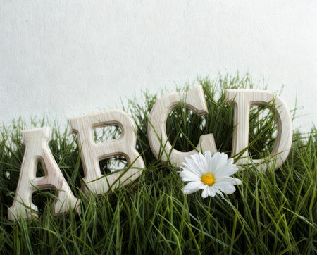 Large, weathered alphabet letters A, B, C, and D are nestled in lush green grass, with a white daisy blooming nearby.の写真素材