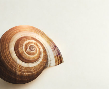 A detailed macro shot of a nautilus shell showcasing its intricate spiral pattern and natural color variations against a plain backdrop.の写真素材