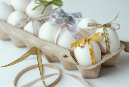 A close-up of white Easter eggs nestled in a carton, each adorned with delicate ribbons and bows in various colors.の写真素材