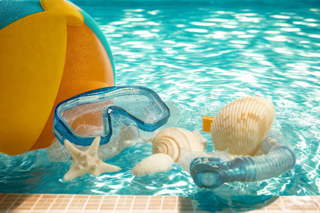 A refreshing blue swimming pool with a snorkel mask, starfish, seashells, and a yellow inflatable toy.の写真素材