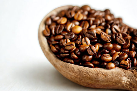 A rustic wooden spoon is filled with dark, roasted coffee beans, showcasing their rich texture and color against a white background.の写真素材