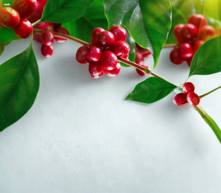 Close-up of bright red berries clustered on a branch with lush green leaves, set against a clean white surface.の写真素材