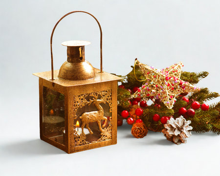 A vintage-style metal lantern sits beside a festive arrangement of berries, pinecones, and greenery, evoking a cozy holiday atmosphere.の写真素材