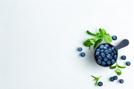 A dark scoop filled with ripe blueberries, surrounded by scattered berries and fresh green leaves on a white background.の写真素材