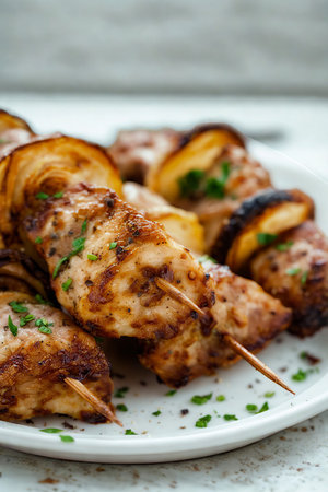 Close-up of seasoned grilled chicken skewers on a white plate, garnished with fresh herbs, ready to be served.の写真素材