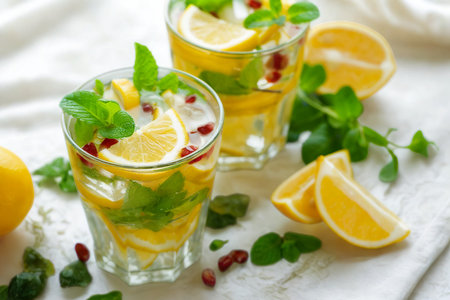Two glasses filled with a clear beverage, ice, lemon slices, mint leaves, and pomegranate seeds, garnished with fresh fruit and herbs.の写真素材