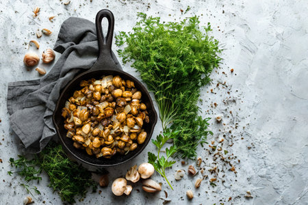 A rustic overhead shot of a cast iron skillet overflowing with golden brown sautÃ©ed mushrooms, surrounded by fresh herbs and garlic.の写真素材