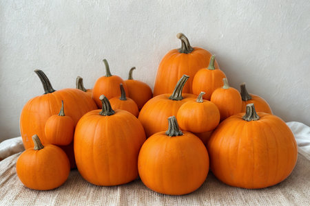 A collection of assorted orange pumpkins, some small and some large, are arranged together on a textured surface.の写真素材
