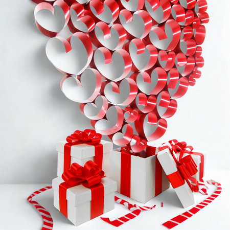 A cascade of red and white heart shapes flows down onto a collection of wrapped gifts adorned with red bows and ribbons.の写真素材