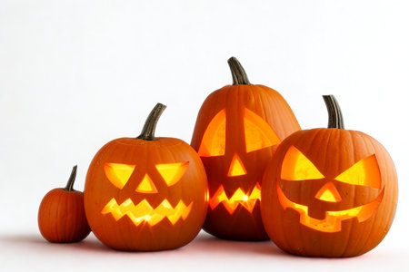 A group of four illuminated jack-o'-lanterns of varying sizes are displayed against a plain white background, ready for Halloween.の写真素材