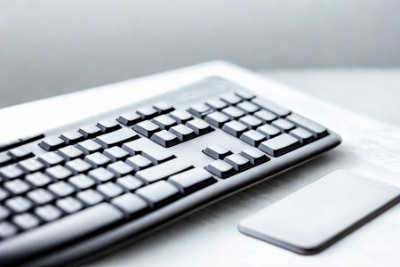 A modern computer keyboard and a white smartphone are placed on a white surface, suggesting a...