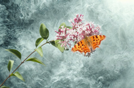 An orange butterfly with intricate wing patterns sits on a cluster of small pink and white flowers. A soft, ethereal background adds to the delicate beauty.の写真素材