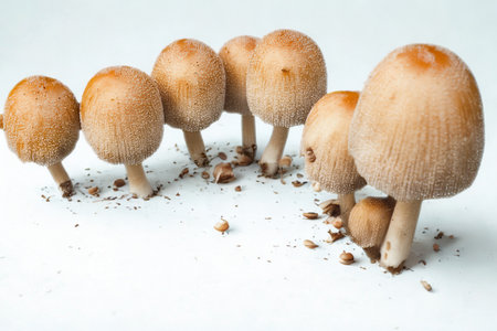 A group of delicate, brown-capped mushrooms with slender white stems are clustered together on a clean white surface with scattered soil.の写真素材