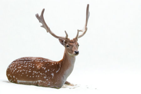 A majestic fallow deer with large antlers sits peacefully on a stark white background, its spotted coat clearly visible.の写真素材