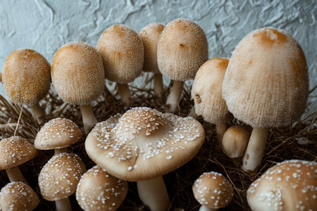 A close-up view of a group of pale, speckled mushrooms with tall stems, clustered together on a rough, textured surface.の写真素材