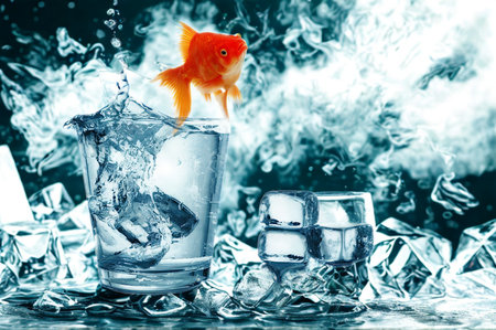A vibrant orange goldfish is captured mid-air amidst a dramatic explosion of ice cubes and water splashes.の写真素材