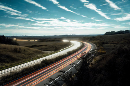 A highway curves through rolling hills at dusk, with light trails from vehicles and a dramatic sky overhead.の写真素材