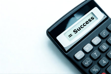 A close-up shot of a calculator with the word "Success" displayed on its screen, symbolizing achievement and calculation.の写真素材