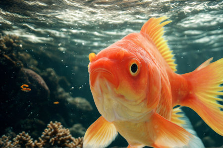 A bright orange goldfish with flowing fins is captured in a close-up underwater shot, with blurred coral and water texture in the background.の写真素材