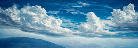 Towering, fluffy white cumulonimbus clouds dominate a bright blue sky, with hints of a mountainous landscape below.の写真素材