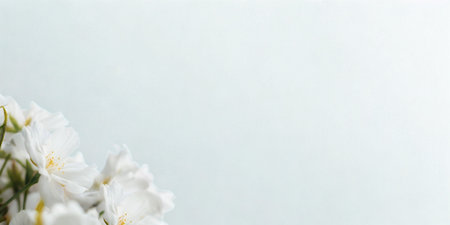 Close-up of delicate white flowers with green stems and leaves, set against a pale blue, softly lit background.の写真素材