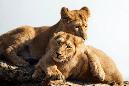Two adorable lion cubs, with golden fur, are napping on a sun-drenched rocky surface, looking peaceful and alert.の写真素材
