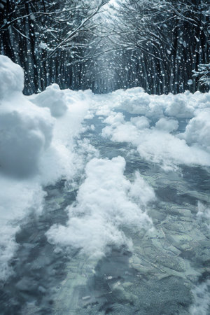 A partially frozen river winds through a dense forest covered in snow, creating a serene winter scene.の写真素材