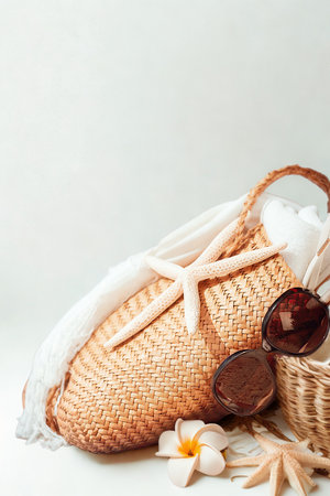 A woven straw beach bag, sunglasses, and a flower are arranged on a light background, evoking a summer vacation vibe.の写真素材