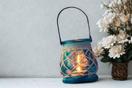 A teal glass lantern with rope detailing and a warm, glowing light sits beside a bouquet of white flowers.の写真素材