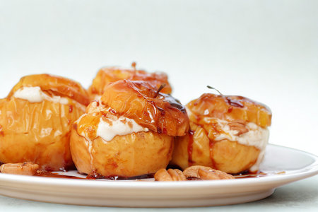 A close-up shot of several baked apples, generously filled with cream and drizzled with caramel sauce, presented on a white plate.の写真素材