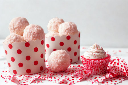 Delicate pink frosted cupcakes and scoops of ice cream are presented in festive red polka dot wrappers and on a decorated surface.の写真素材