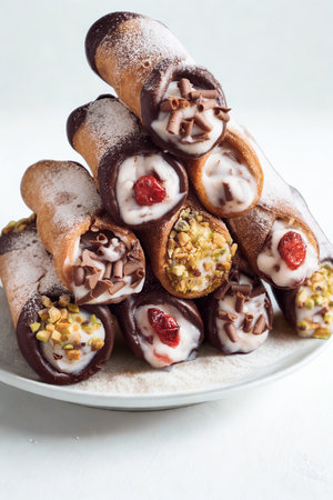 A close-up of a white plate piled high with various cannoli, showcasing different fillings and toppings.の写真素材