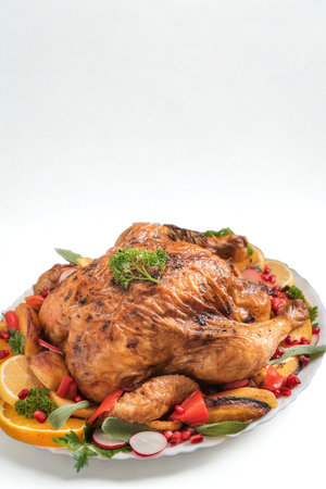 A succulent, golden-brown roasted whole chicken is presented atop a vibrant medley of sliced vegetables on a white platter.の写真素材